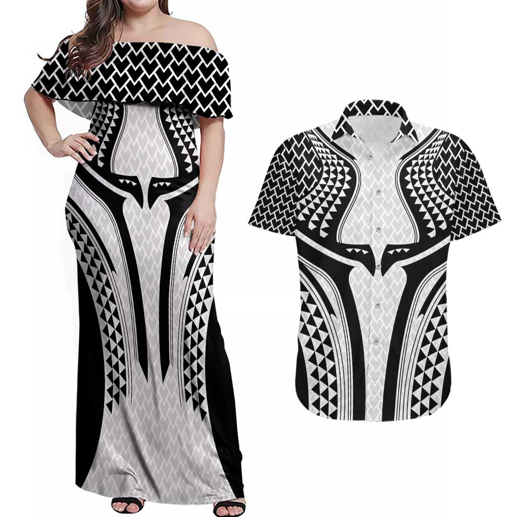 Hawaiian Kakau Art Tattoos Aquaman Style Couples Matching Off Shoulder Maxi Dress and Hawaiian Shirt White Version LT03 White - Polynesian Pride