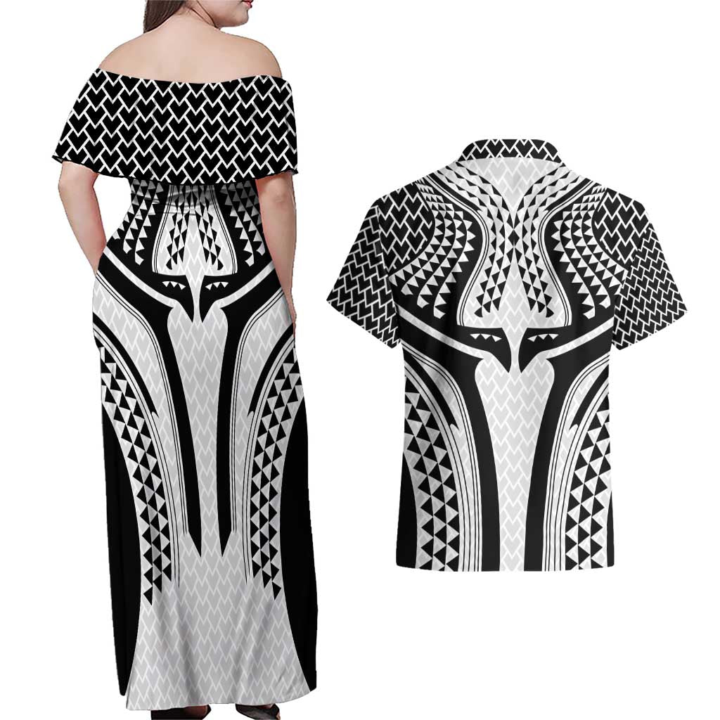 Hawaiian Kakau Art Tattoos Aquaman Style Couples Matching Off Shoulder Maxi Dress and Hawaiian Shirt White Version LT03 - Polynesian Pride