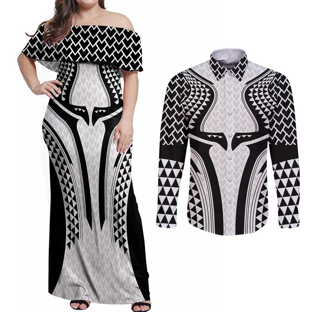 Hawaiian Kakau Art Tattoos Aquaman Style Couples Matching Off Shoulder Maxi Dress and Long Sleeve Button Shirt White Version LT03 White - Polynesian Pride