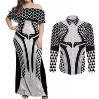 Hawaiian Kakau Art Tattoos Aquaman Style Couples Matching Off Shoulder Maxi Dress and Long Sleeve Button Shirt White Version LT03 White - Polynesian Pride