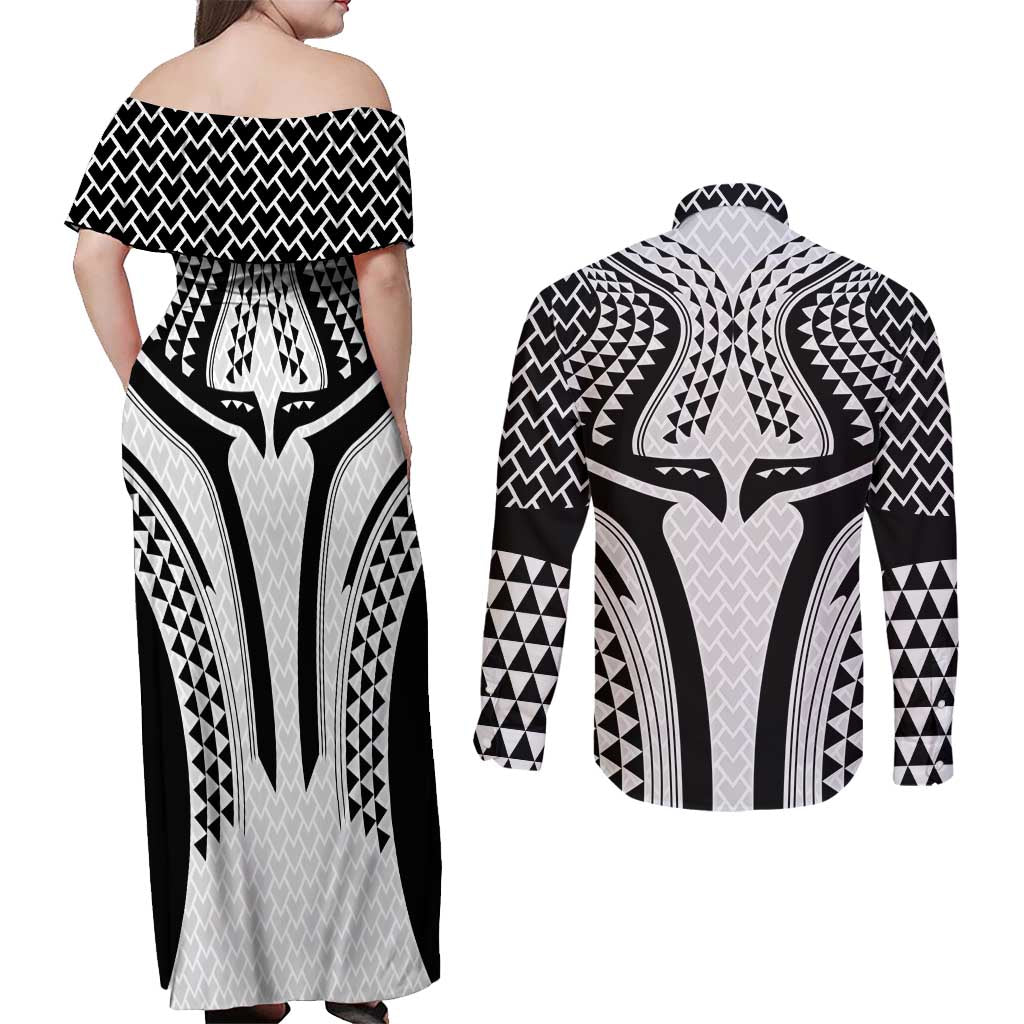 Hawaiian Kakau Art Tattoos Aquaman Style Couples Matching Off Shoulder Maxi Dress and Long Sleeve Button Shirt White Version LT03 - Polynesian Pride