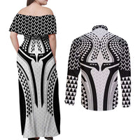 Hawaiian Kakau Art Tattoos Aquaman Style Couples Matching Off Shoulder Maxi Dress and Long Sleeve Button Shirt White Version LT03 - Polynesian Pride