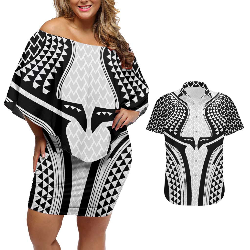 Hawaiian Kakau Art Tattoos Aquaman Style Couples Matching Off Shoulder Short Dress and Hawaiian Shirt White Version LT03 White - Polynesian Pride