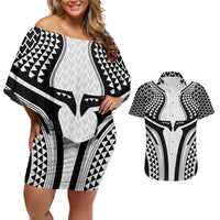 Hawaiian Kakau Art Tattoos Aquaman Style Couples Matching Off Shoulder Short Dress and Hawaiian Shirt White Version LT03 White - Polynesian Pride