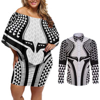 Hawaiian Kakau Art Tattoos Aquaman Style Couples Matching Off Shoulder Short Dress and Long Sleeve Button Shirt White Version LT03 White - Polynesian Pride