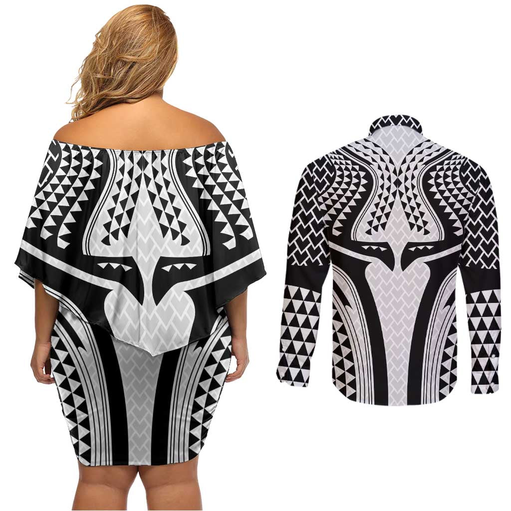 Hawaiian Kakau Art Tattoos Aquaman Style Couples Matching Off Shoulder Short Dress and Long Sleeve Button Shirt White Version LT03 - Polynesian Pride