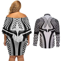 Hawaiian Kakau Art Tattoos Aquaman Style Couples Matching Off Shoulder Short Dress and Long Sleeve Button Shirt White Version LT03 - Polynesian Pride