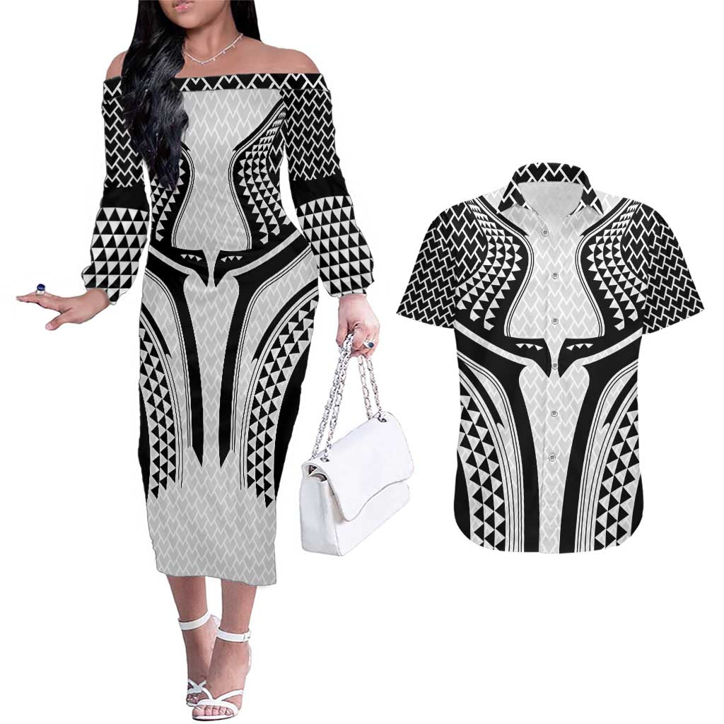 Hawaiian Kakau Art Tattoos Aquaman Style Couples Matching Off The Shoulder Long Sleeve Dress and Hawaiian Shirt White Version LT03 White - Polynesian Pride