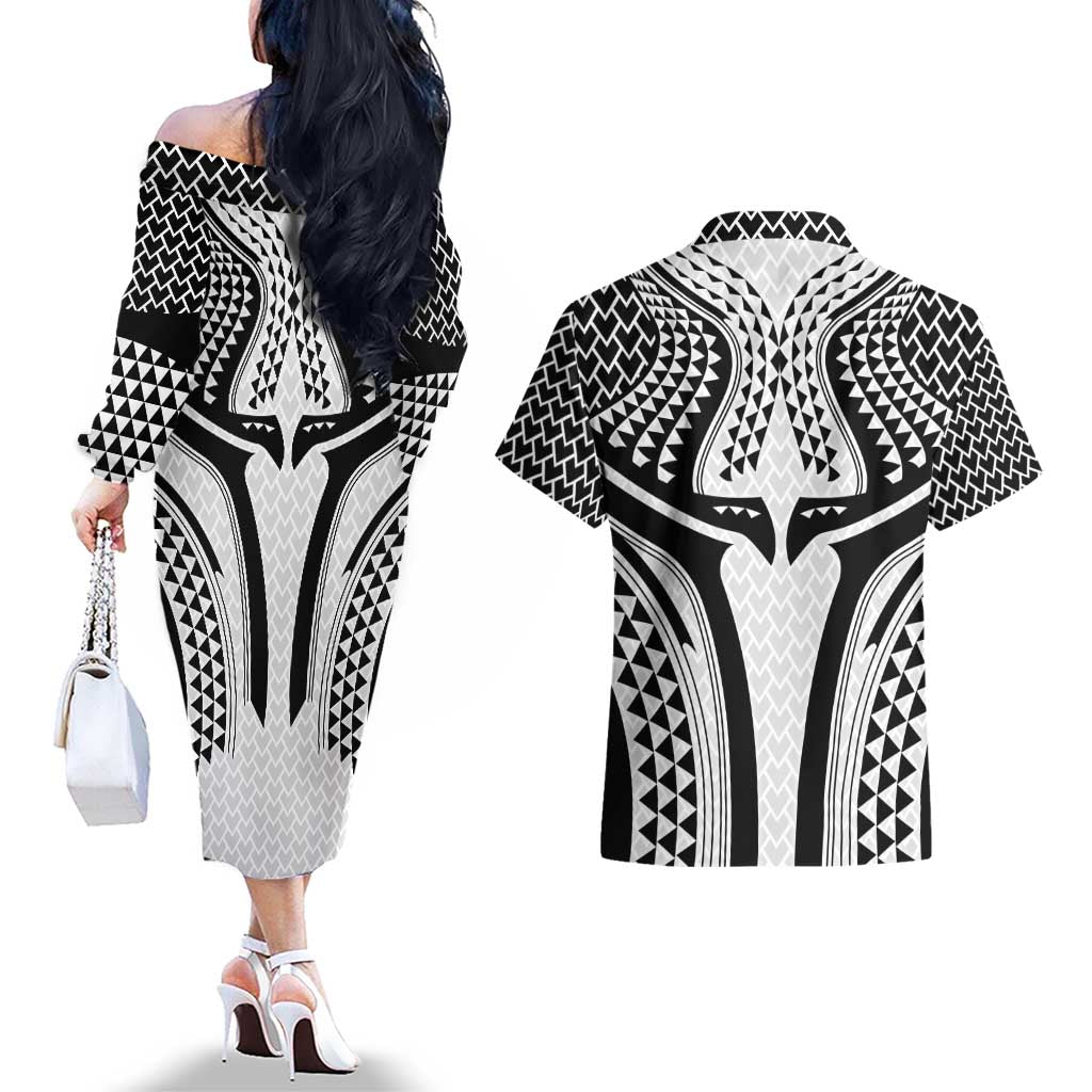 Hawaiian Kakau Art Tattoos Aquaman Style Couples Matching Off The Shoulder Long Sleeve Dress and Hawaiian Shirt White Version LT03 - Polynesian Pride