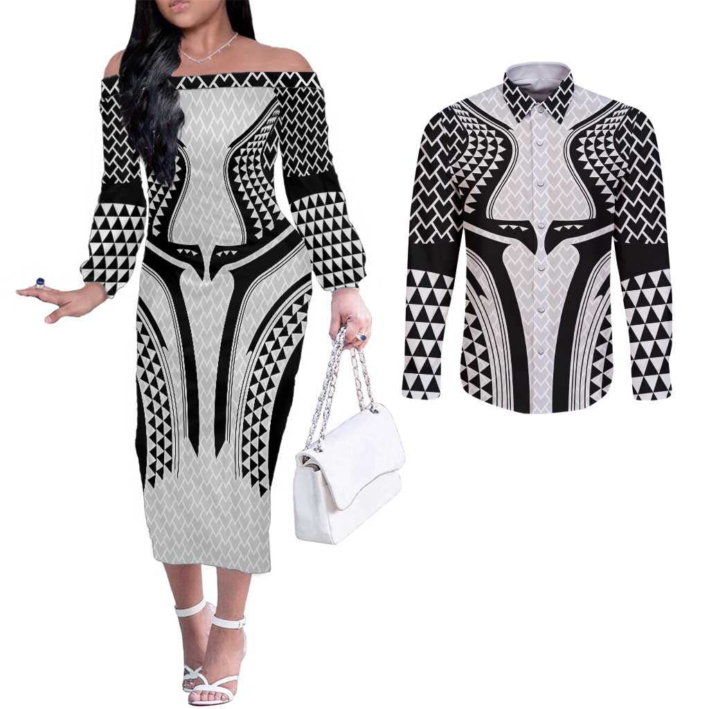 Hawaiian Kakau Art Tattoos Aquaman Style Couples Matching Off The Shoulder Long Sleeve Dress and Long Sleeve Button Shirt White Version LT03 White - Polynesian Pride