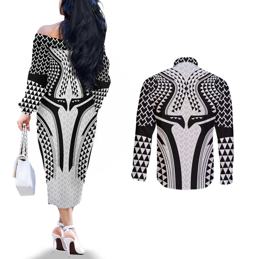 Hawaiian Kakau Art Tattoos Aquaman Style Couples Matching Off The Shoulder Long Sleeve Dress and Long Sleeve Button Shirt White Version LT03 - Polynesian Pride