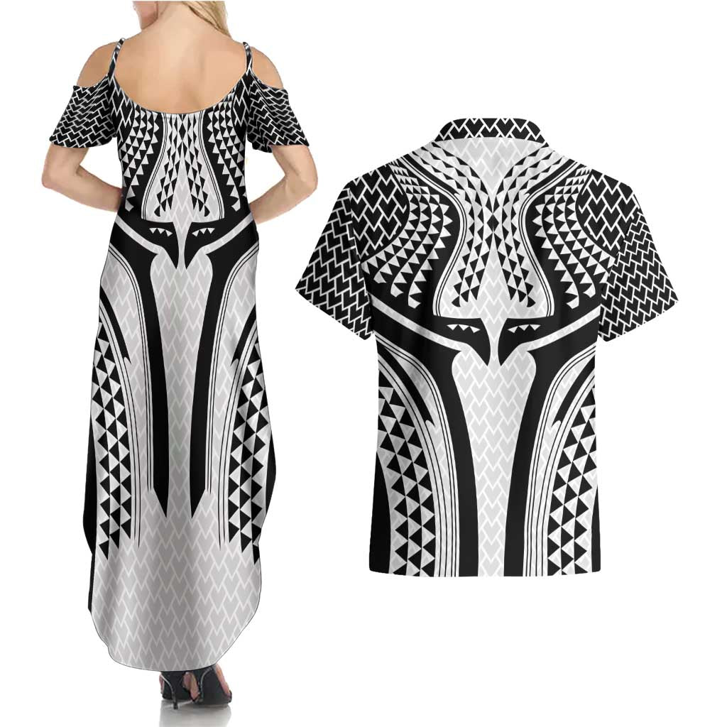 Hawaiian Kakau Art Tattoos Aquaman Style Couples Matching Summer Maxi Dress and Hawaiian Shirt White Version LT03 - Polynesian Pride