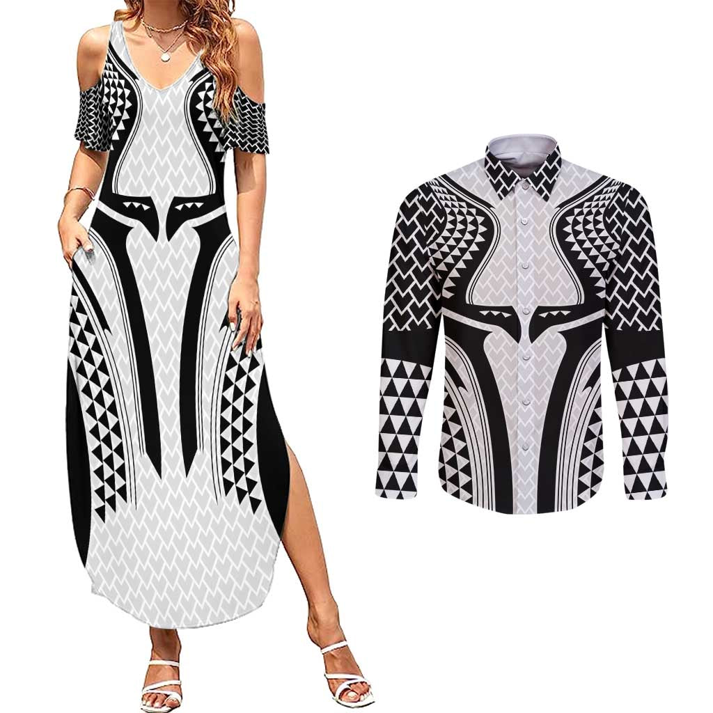 Hawaiian Kakau Art Tattoos Aquaman Style Couples Matching Summer Maxi Dress and Long Sleeve Button Shirt White Version LT03 White - Polynesian Pride