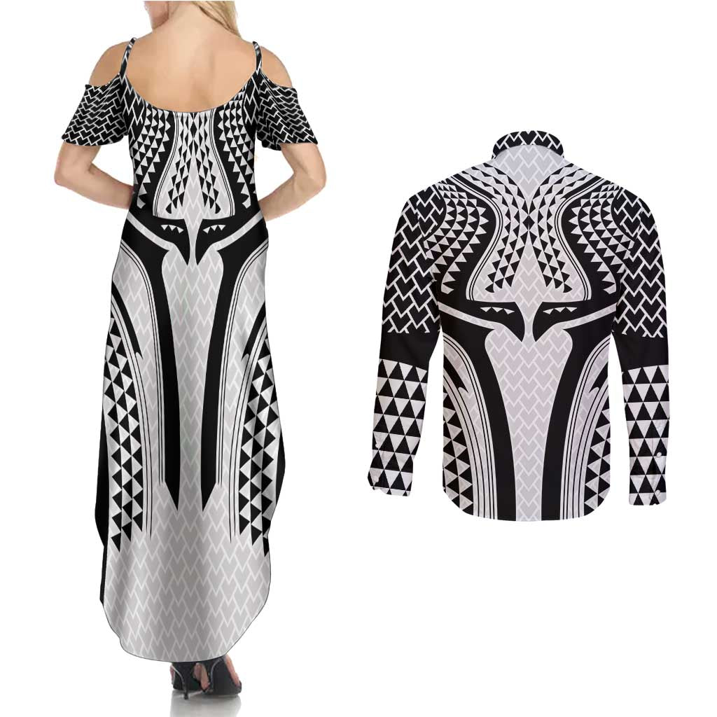 Hawaiian Kakau Art Tattoos Aquaman Style Couples Matching Summer Maxi Dress and Long Sleeve Button Shirt White Version LT03 - Polynesian Pride