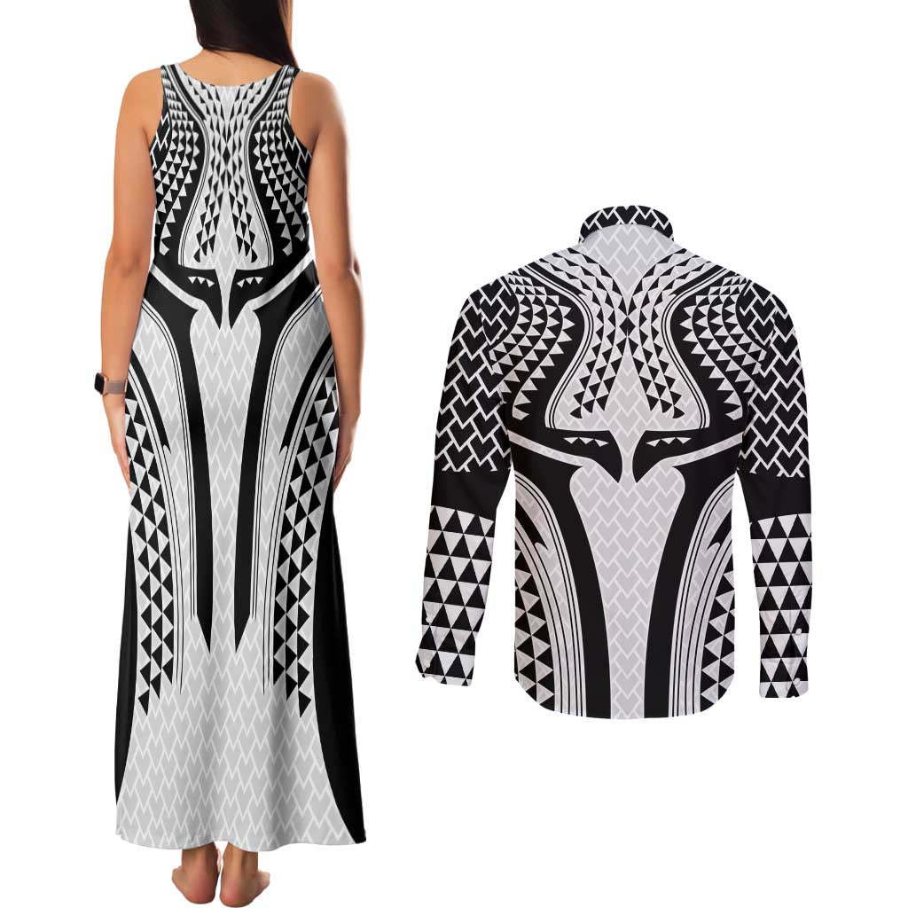 Hawaiian Kakau Art Tattoos Aquaman Style Couples Matching Tank Maxi Dress and Long Sleeve Button Shirt White Version LT03 - Polynesian Pride