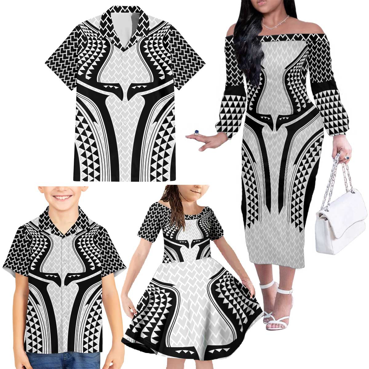 Hawaiian Kakau Art Tattoos Aquaman Style Family Matching Off The Shoulder Long Sleeve Dress and Hawaiian Shirt White Version LT03 - Polynesian Pride