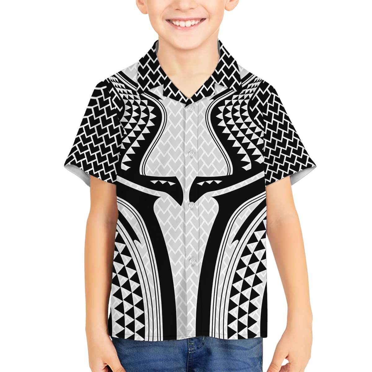 Hawaiian Kakau Art Tattoos Aquaman Style Family Matching Off The Shoulder Long Sleeve Dress and Hawaiian Shirt White Version LT03 Son's Shirt White - Polynesian Pride