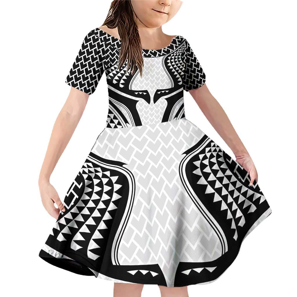 Hawaiian Kakau Art Tattoos Aquaman Style Family Matching Off Shoulder Short Dress and Hawaiian Shirt White Version LT03 Daughter's Dress White - Polynesian Pride