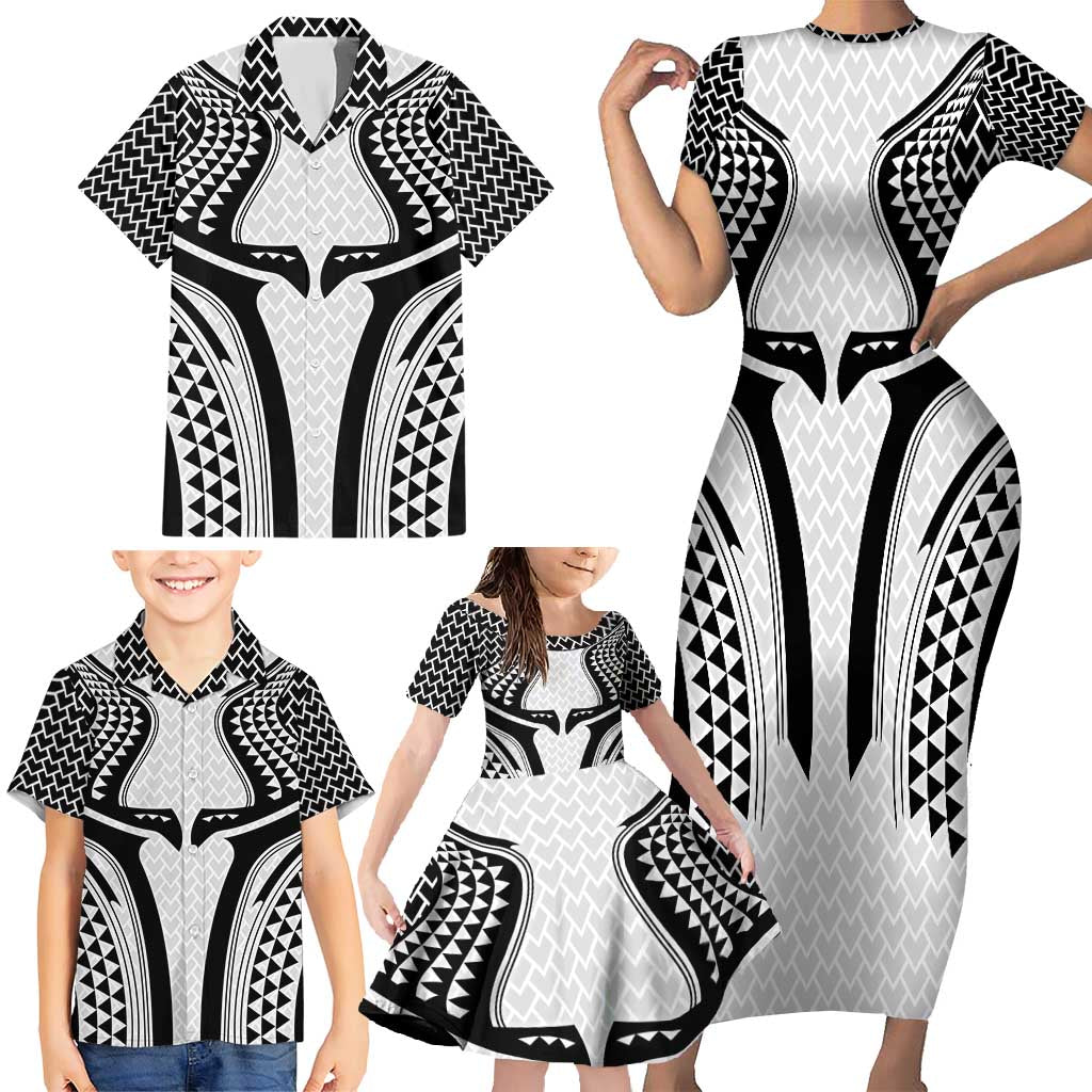 Hawaiian Kakau Art Tattoos Aquaman Style Family Matching Short Sleeve Bodycon Dress and Hawaiian Shirt White Version LT03 - Polynesian Pride