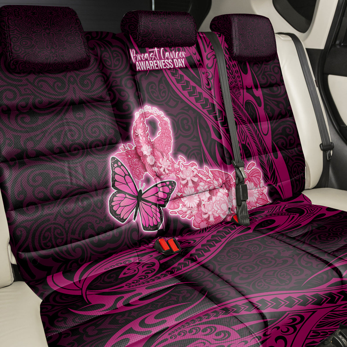 Polynesia Breast Cancer Back Car Seat Cover Butterfly and Flowers Ribbon Maori Tattoo Ethnic Black Style LT03 - Polynesian Pride