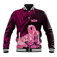 Polynesia Breast Cancer Baseball Jacket Butterfly and Flowers Ribbon Maori Tattoo Ethnic Black Style LT03 Unisex Black - Polynesian Pride