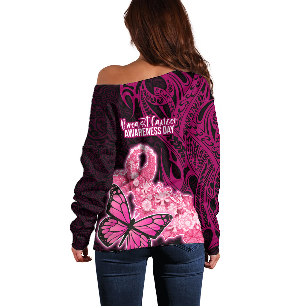 Polynesia Breast Cancer Off Shoulder Sweater Butterfly and Flowers Ribbon Maori Tattoo Ethnic Black Style LT03 - Polynesian Pride