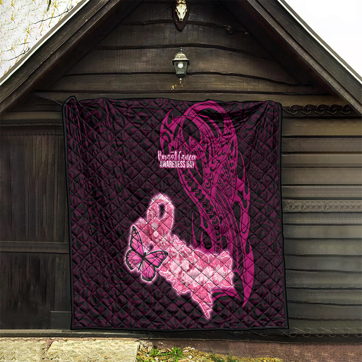 Polynesia Breast Cancer Quilt Butterfly and Flowers Ribbon Maori Tattoo Ethnic Black Style LT03 - Polynesian Pride