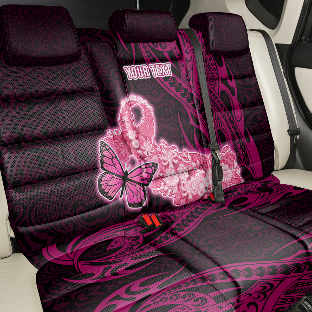 Custom Polynesia Breast Cancer Back Car Seat Cover Butterfly and Flowers Ribbon Maori Tattoo Ethnic Black Style LT03 - Polynesian Pride