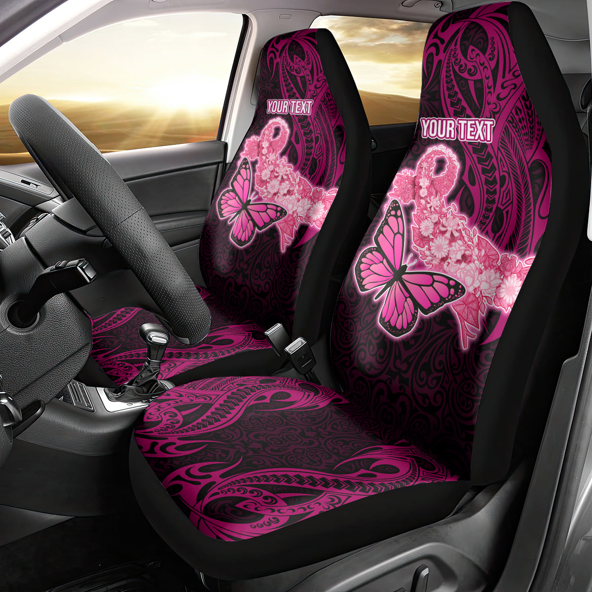 Custom Polynesia Breast Cancer Car Seat Cover Butterfly and Flowers Ribbon Maori Tattoo Ethnic Black Style LT03 - Polynesian Pride