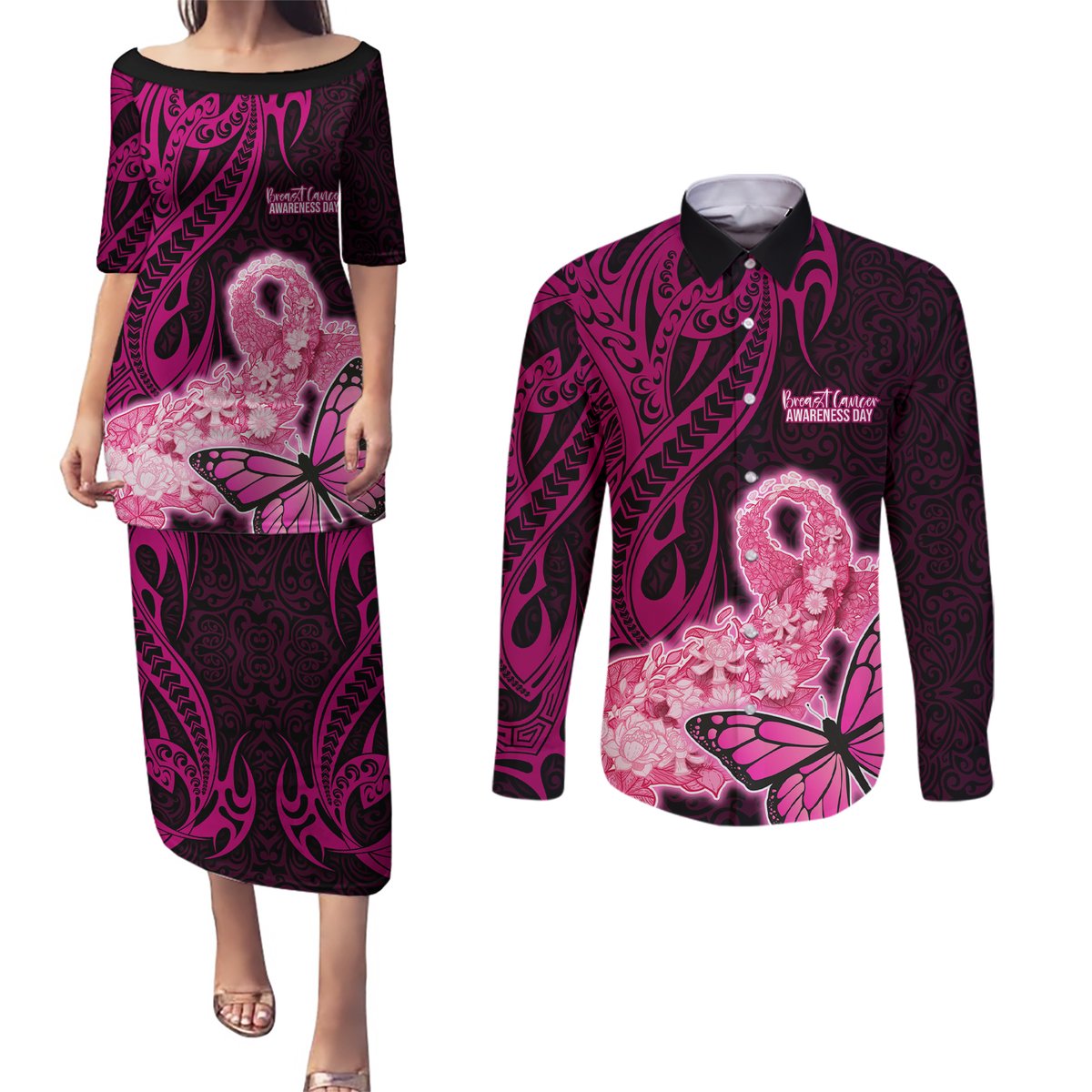Custom Polynesia Breast Cancer Couples Matching Puletasi Dress and Long Sleeve Button Shirts Butterfly and Flowers Ribbon Maori Tattoo Ethnic Black Style LT03 Black - Polynesian Pride