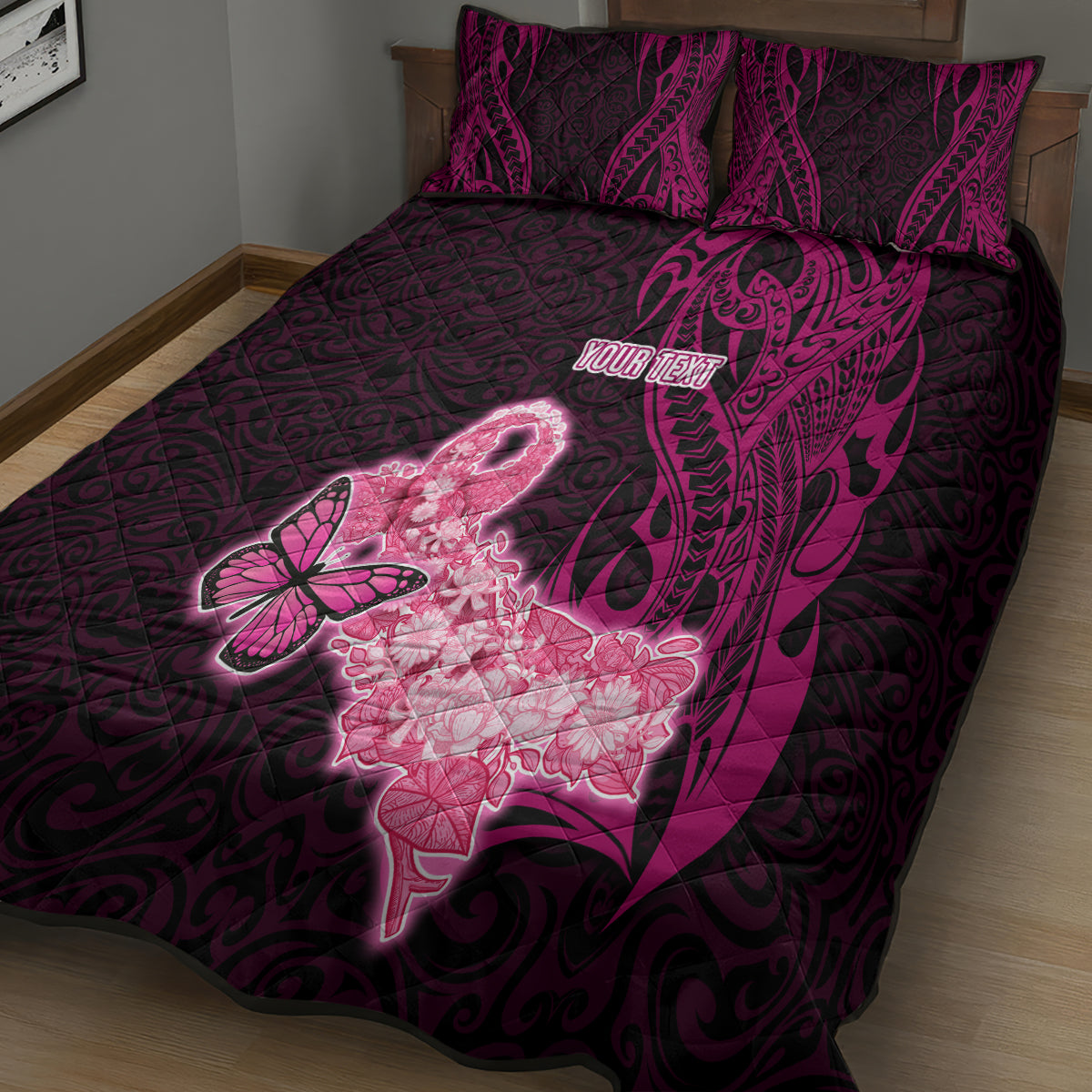 Custom Polynesia Breast Cancer Quilt Bed Set Butterfly and Flowers Ribbon Maori Tattoo Ethnic Black Style LT03 - Polynesian Pride