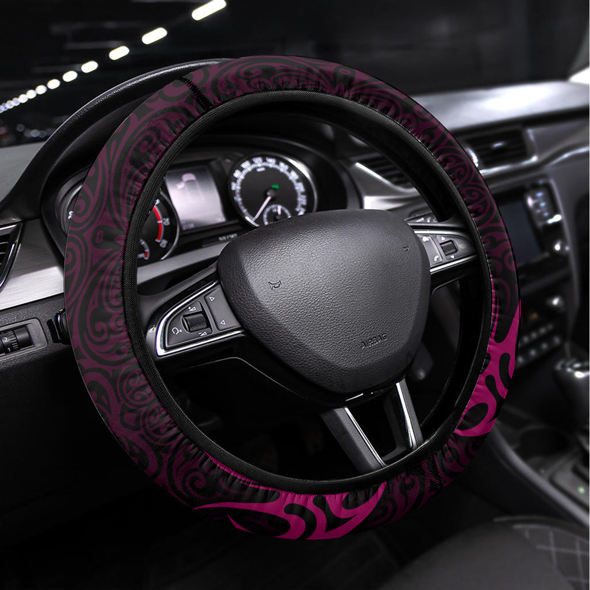 Polynesia Breast Cancer Steering Wheel Cover Butterfly and Flowers Ribbon Maori Tattoo Ethnic Black Style LT03 Universal Fit Black - Polynesian Pride
