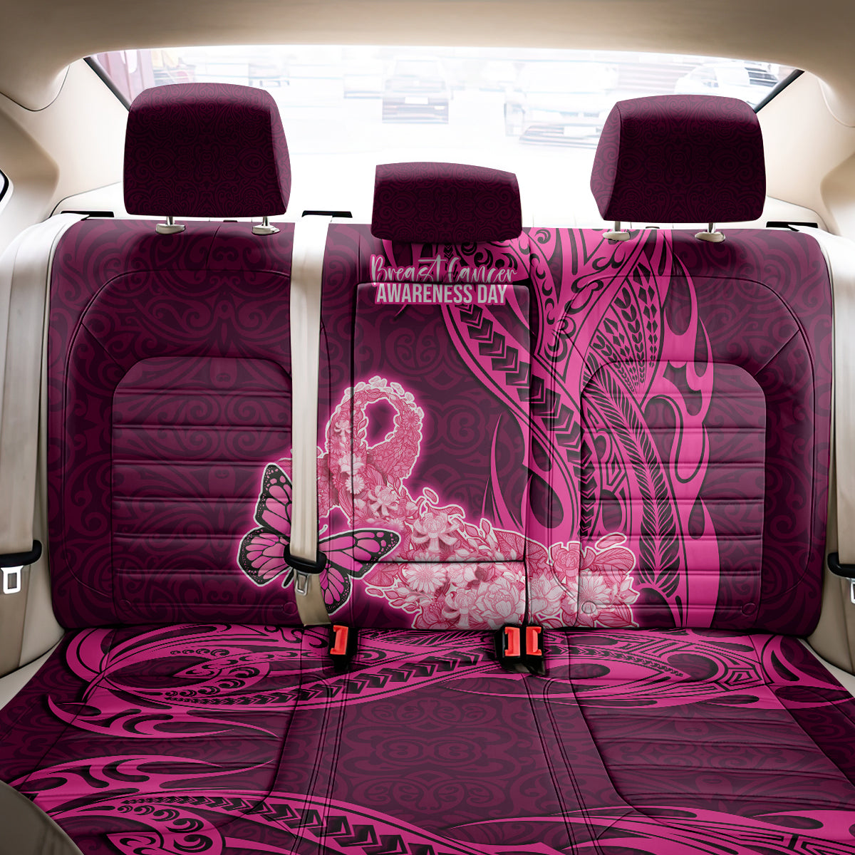 Polynesia Breast Cancer Back Car Seat Cover Butterfly and Flowers Ribbon Maori Tattoo Ethnic Pink Style LT03 - Polynesian Pride