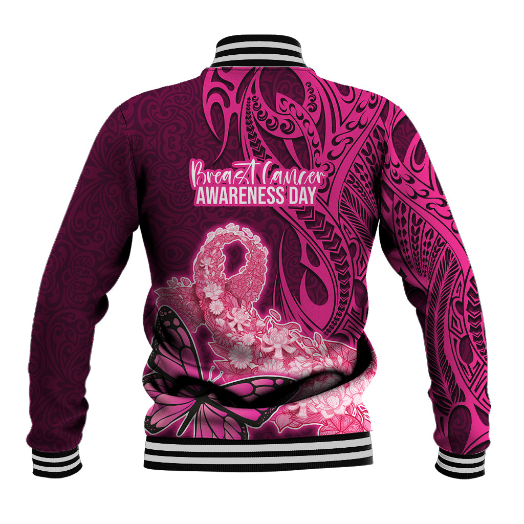 Polynesia Breast Cancer Baseball Jacket Butterfly and Flowers Ribbon Maori Tattoo Ethnic Pink Style LT03 - Polynesian Pride
