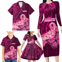 Polynesia Breast Cancer Family Matching Long Sleeve Bodycon Dress and Hawaiian Shirt Butterfly and Flowers Ribbon Maori Tattoo Ethnic Pink Style LT03 - Polynesian Pride
