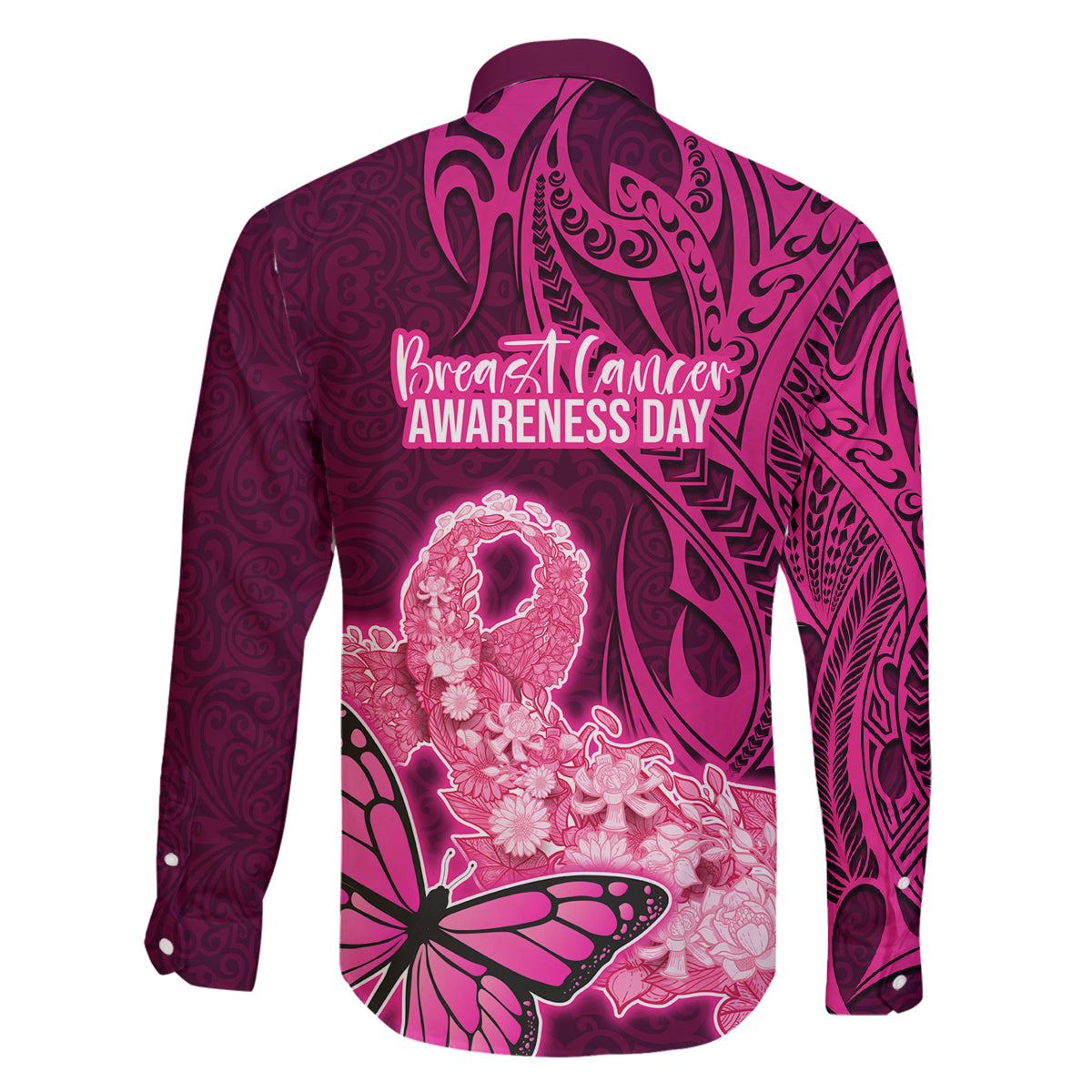 Polynesia Breast Cancer Family Matching Off Shoulder Maxi Dress and Hawaiian Shirt Butterfly and Flowers Ribbon Maori Tattoo Ethnic Pink Style LT03 - Polynesian Pride