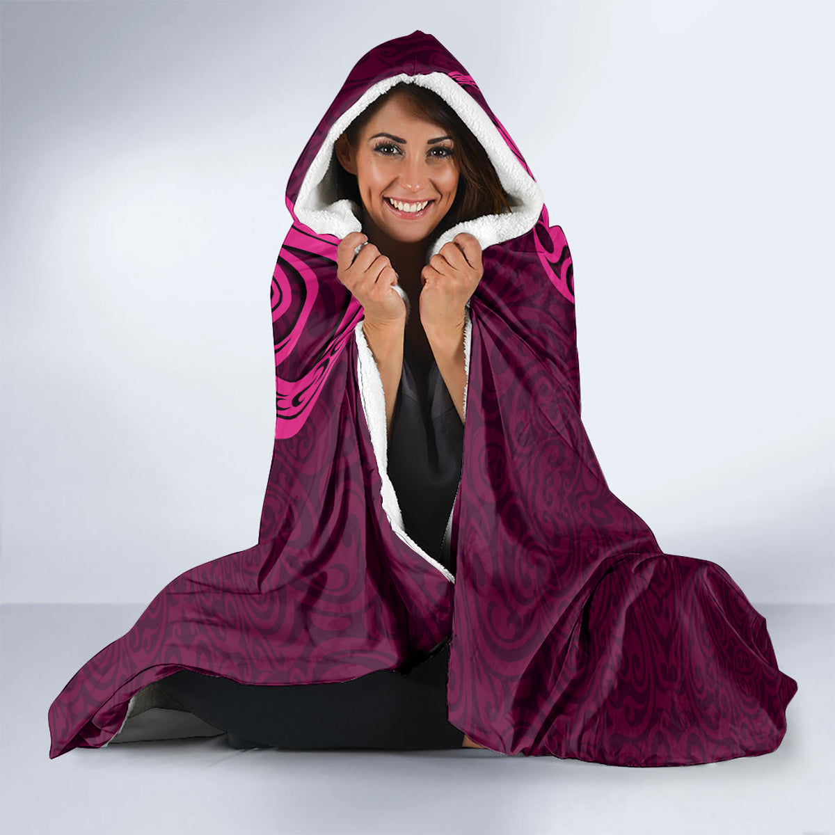 Polynesia Breast Cancer Hooded Blanket Butterfly and Flowers Ribbon Maori Tattoo Ethnic Pink Style LT03 - Polynesian Pride