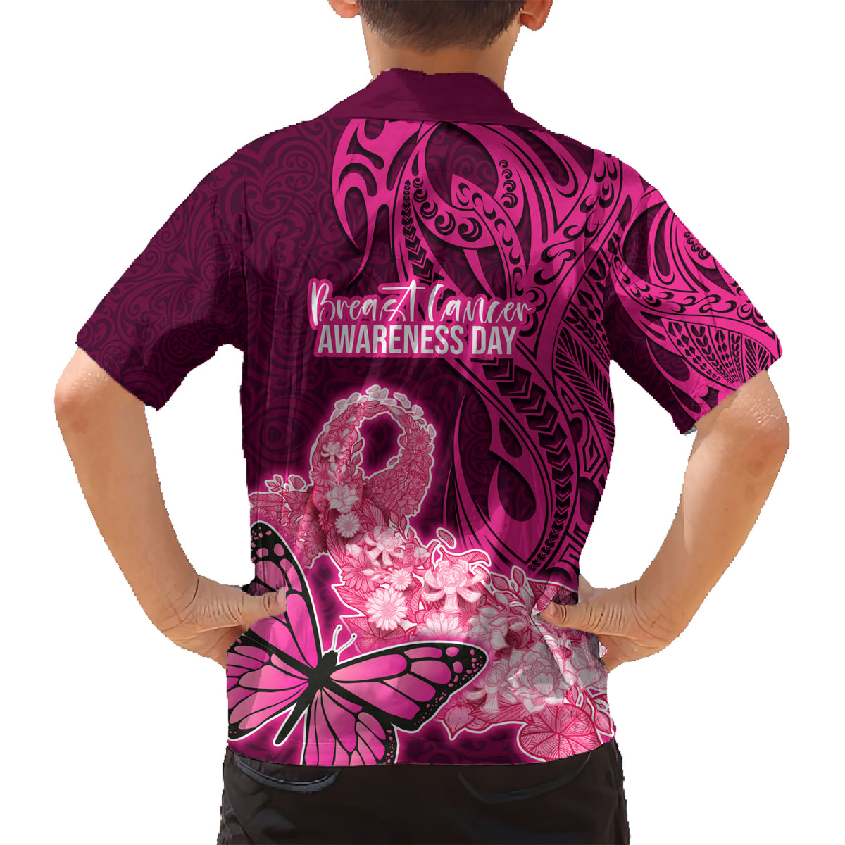 Polynesia Breast Cancer Kid Hawaiian Shirt Butterfly and Flowers Ribbon Maori Tattoo Ethnic Pink Style LT03 - Polynesian Pride