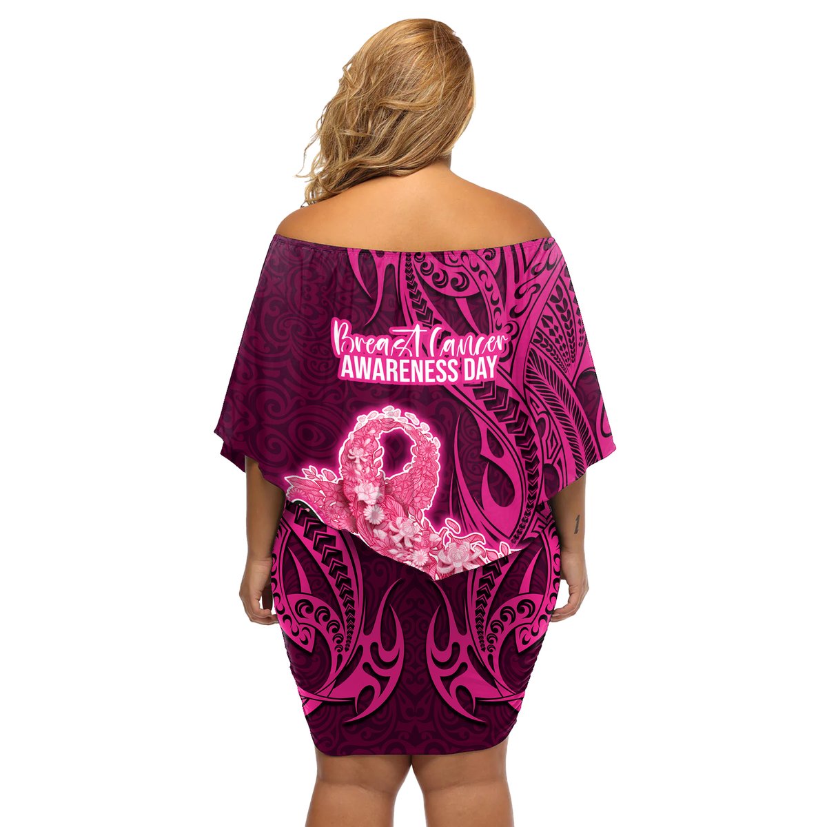 Polynesia Breast Cancer Off Shoulder Short Dress Butterfly and Flowers Ribbon Maori Tattoo Ethnic Pink Style LT03 - Polynesian Pride