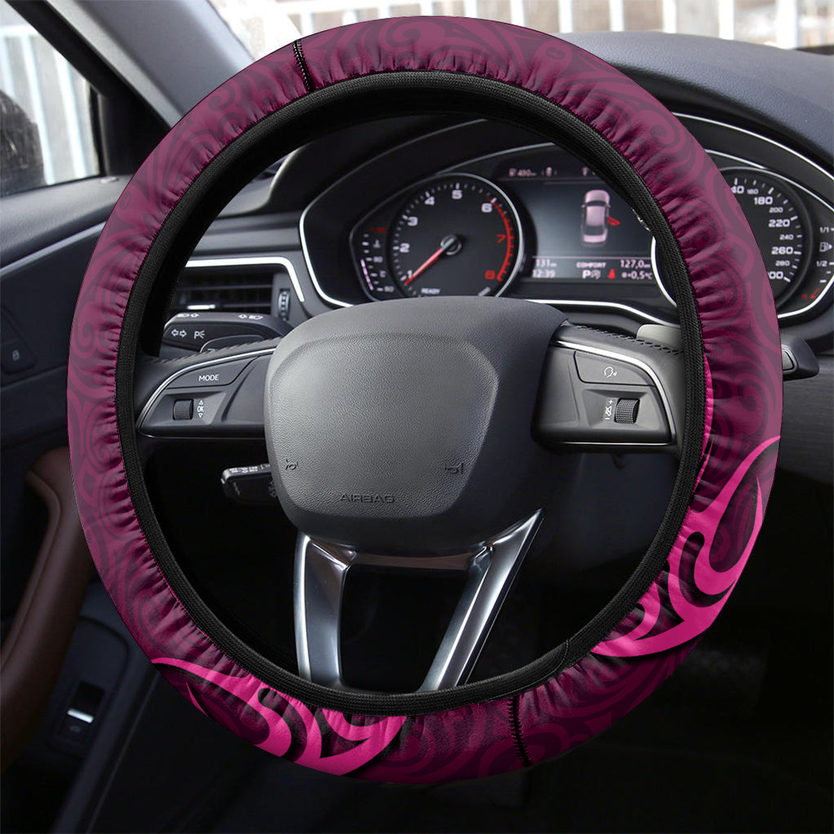 Polynesia Breast Cancer Steering Wheel Cover Butterfly and Flowers Ribbon Maori Tattoo Ethnic Pink Style LT03 - Polynesian Pride