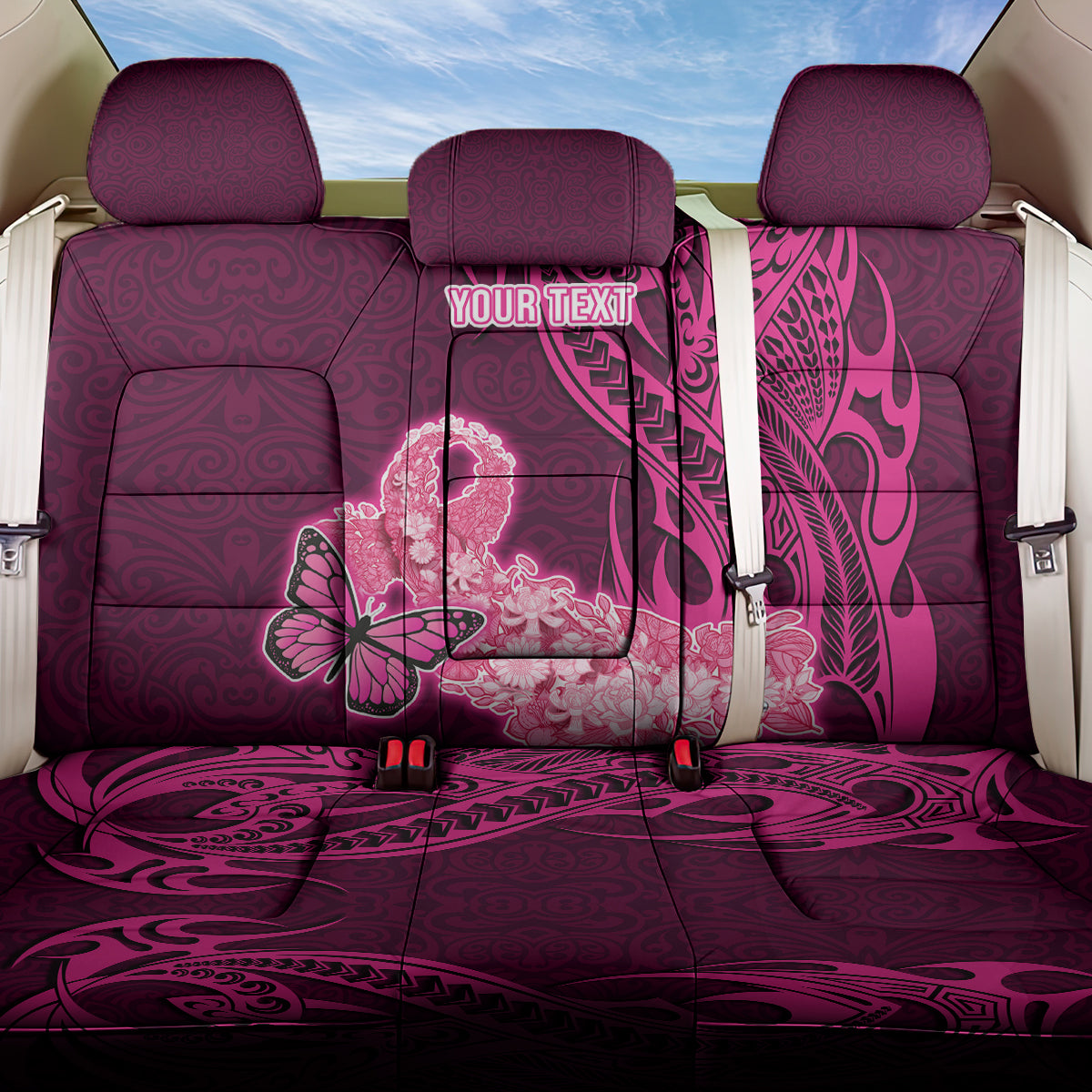 Custom Polynesia Breast Cancer Back Car Seat Cover Butterfly and Flowers Ribbon Maori Tattoo Ethnic Pink Style LT03 One Size Pink - Polynesian Pride