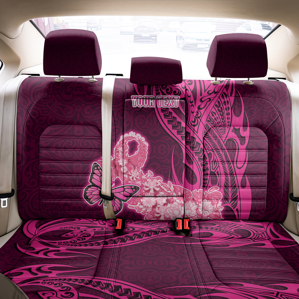 Custom Polynesia Breast Cancer Back Car Seat Cover Butterfly and Flowers Ribbon Maori Tattoo Ethnic Pink Style LT03 - Polynesian Pride