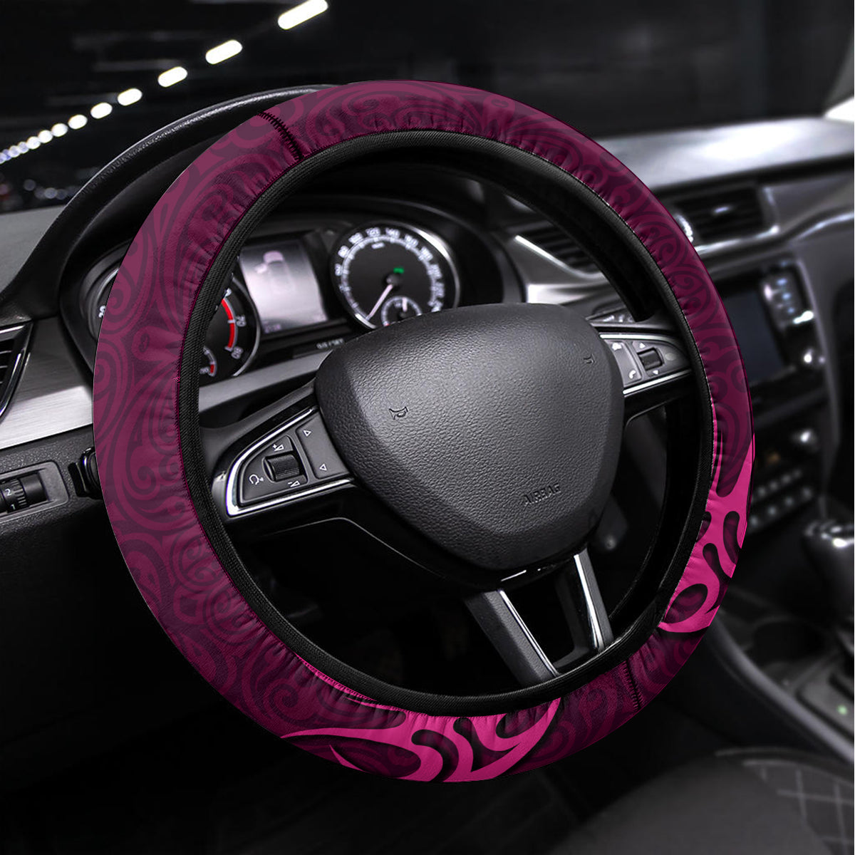 Polynesia Breast Cancer Steering Wheel Cover Butterfly and Flowers Ribbon Maori Tattoo Ethnic Pink Style LT03 Universal Fit Pink - Polynesian Pride