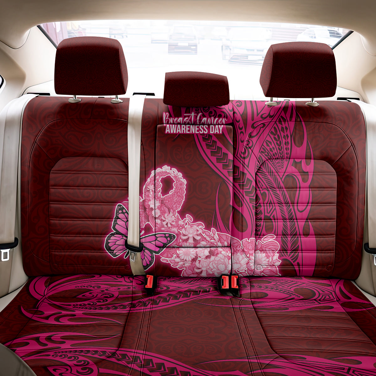 Polynesia Breast Cancer Back Car Seat Cover Butterfly and Flowers Ribbon Maori Tattoo Ethnic Red Style LT03 - Polynesian Pride