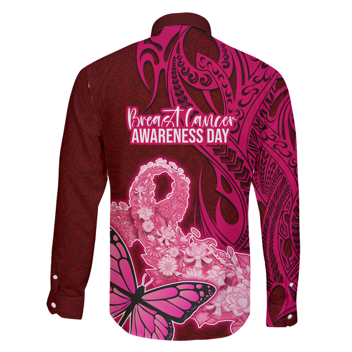 Polynesia Breast Cancer Family Matching Off Shoulder Maxi Dress and Hawaiian Shirt Butterfly and Flowers Ribbon Maori Tattoo Ethnic Red Style LT03 - Polynesian Pride