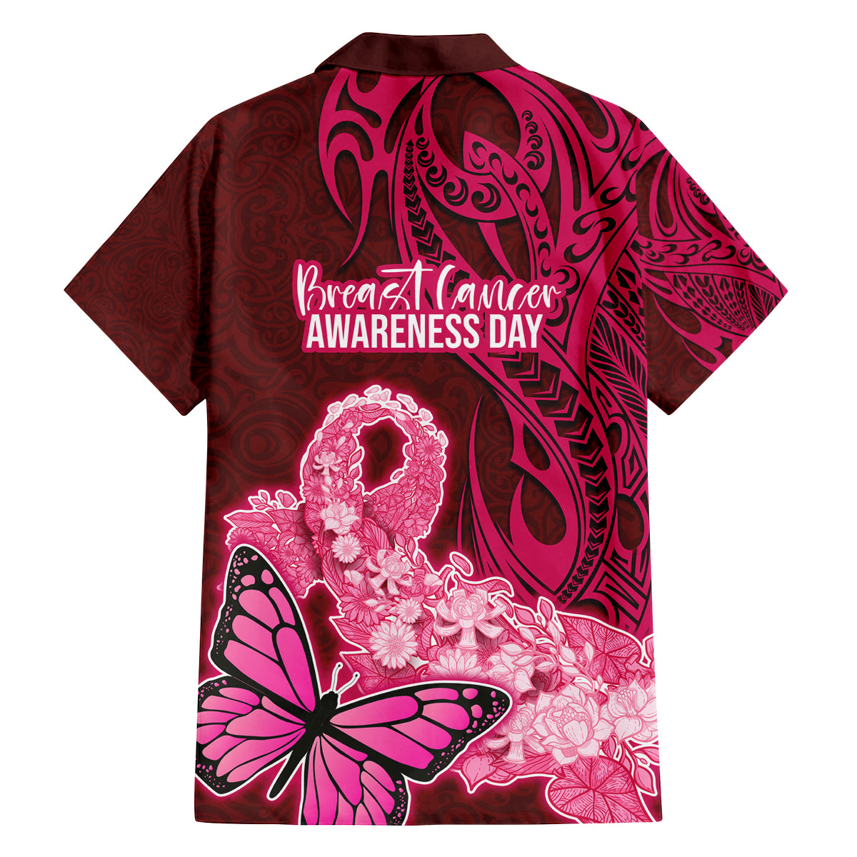 Polynesia Breast Cancer Family Matching Off Shoulder Short Dress and Hawaiian Shirt Butterfly and Flowers Ribbon Maori Tattoo Ethnic Red Style LT03 - Polynesian Pride