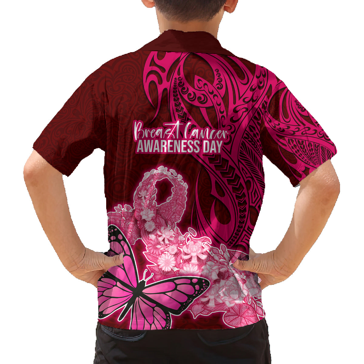 Polynesia Breast Cancer Family Matching Puletasi Dress and Hawaiian Shirt Butterfly and Flowers Ribbon Maori Tattoo Ethnic Red Style LT03 - Polynesian Pride