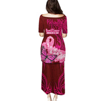 Polynesia Breast Cancer Family Matching Puletasi Dress and Hawaiian Shirt Butterfly and Flowers Ribbon Maori Tattoo Ethnic Red Style LT03 - Polynesian Pride