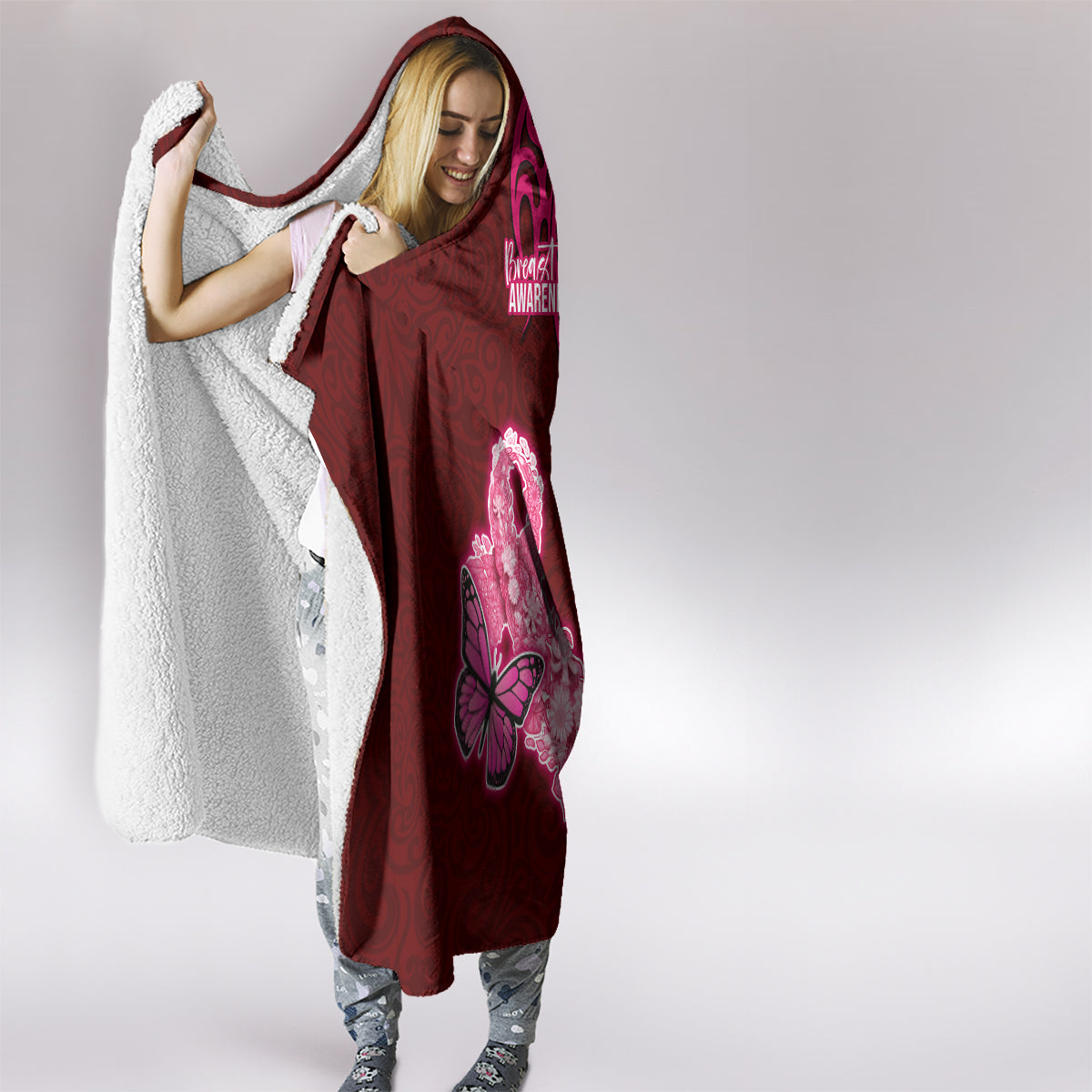 Polynesia Breast Cancer Hooded Blanket Butterfly and Flowers Ribbon Maori Tattoo Ethnic Red Style LT03 - Polynesian Pride