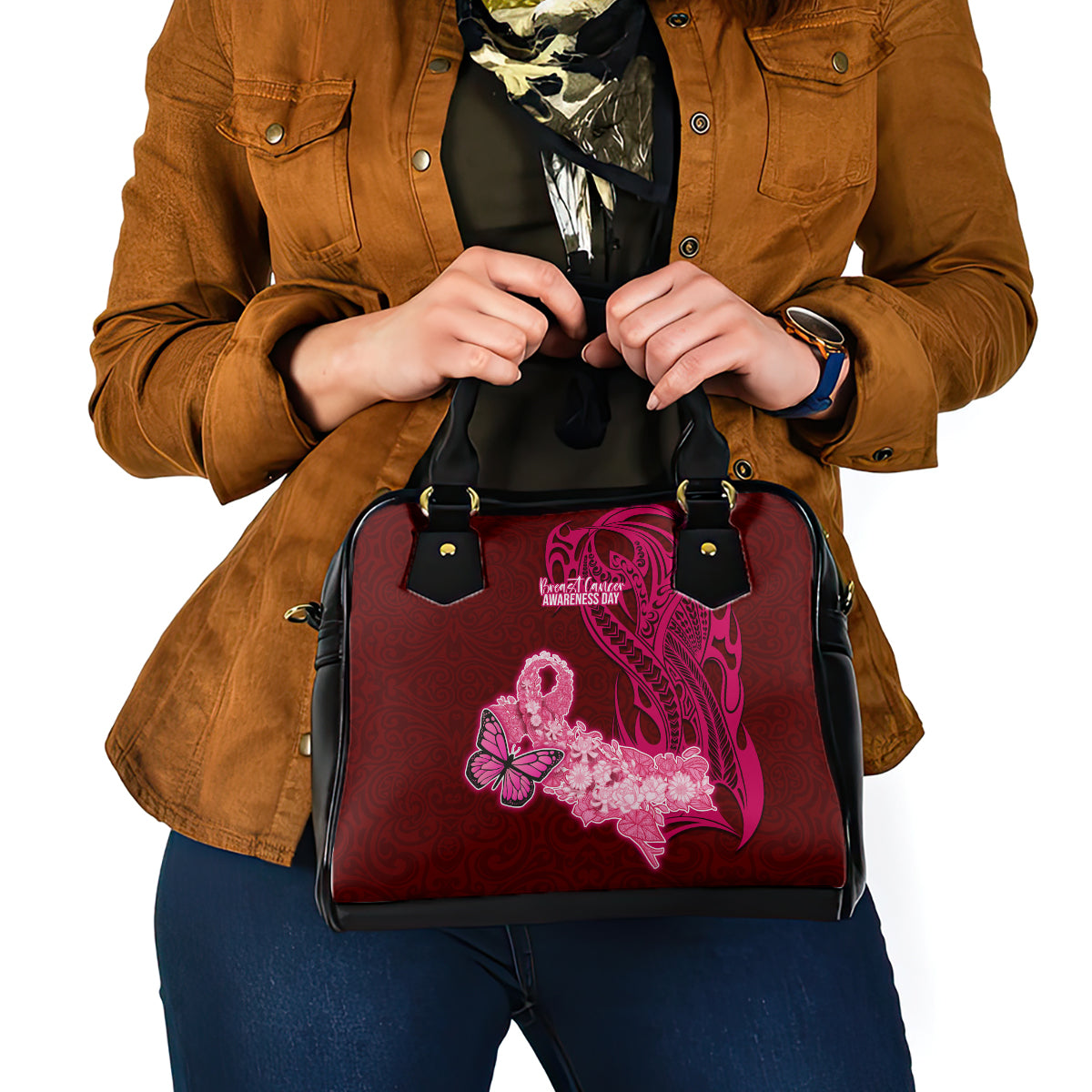 Polynesia Breast Cancer Shoulder Handbag Butterfly and Flowers Ribbon Maori Tattoo Ethnic Red Style LT03 - Polynesian Pride